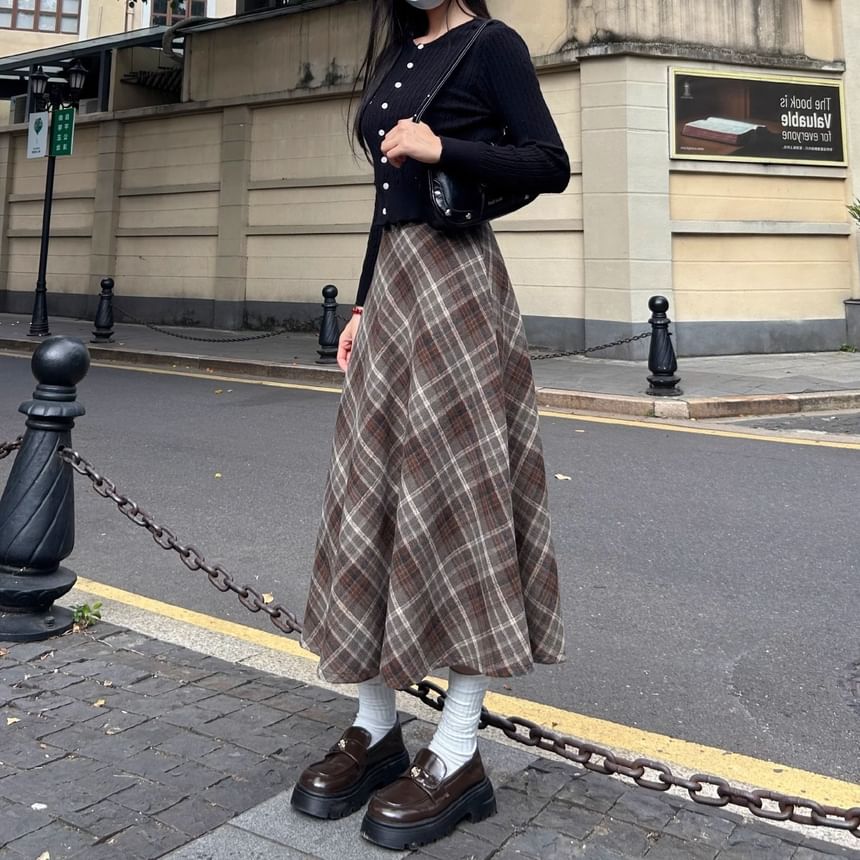 Soufu - Hoge taille geruite maxi A-lijn rok