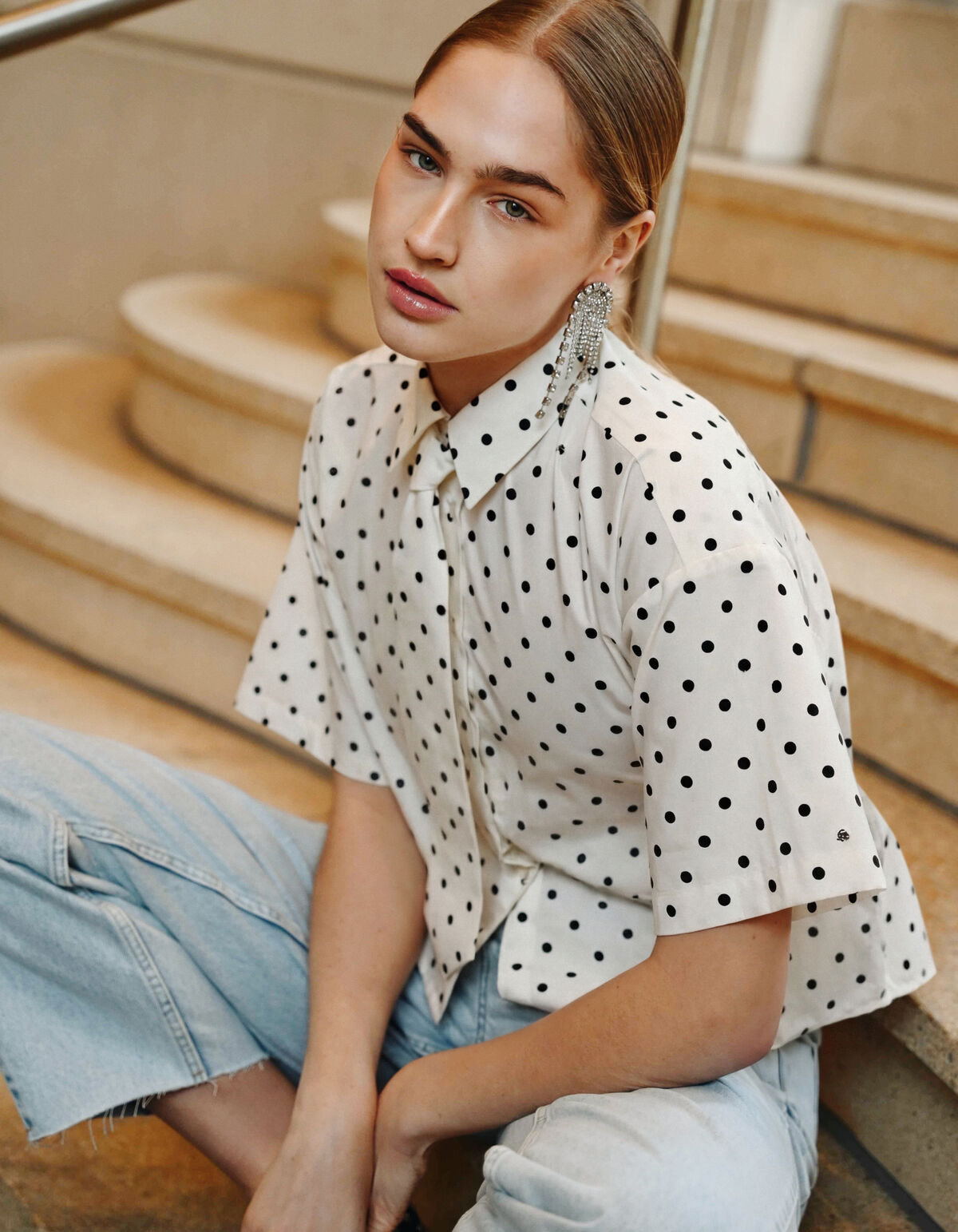 Polkadot Stropdas Blouse Zwart/Wit
