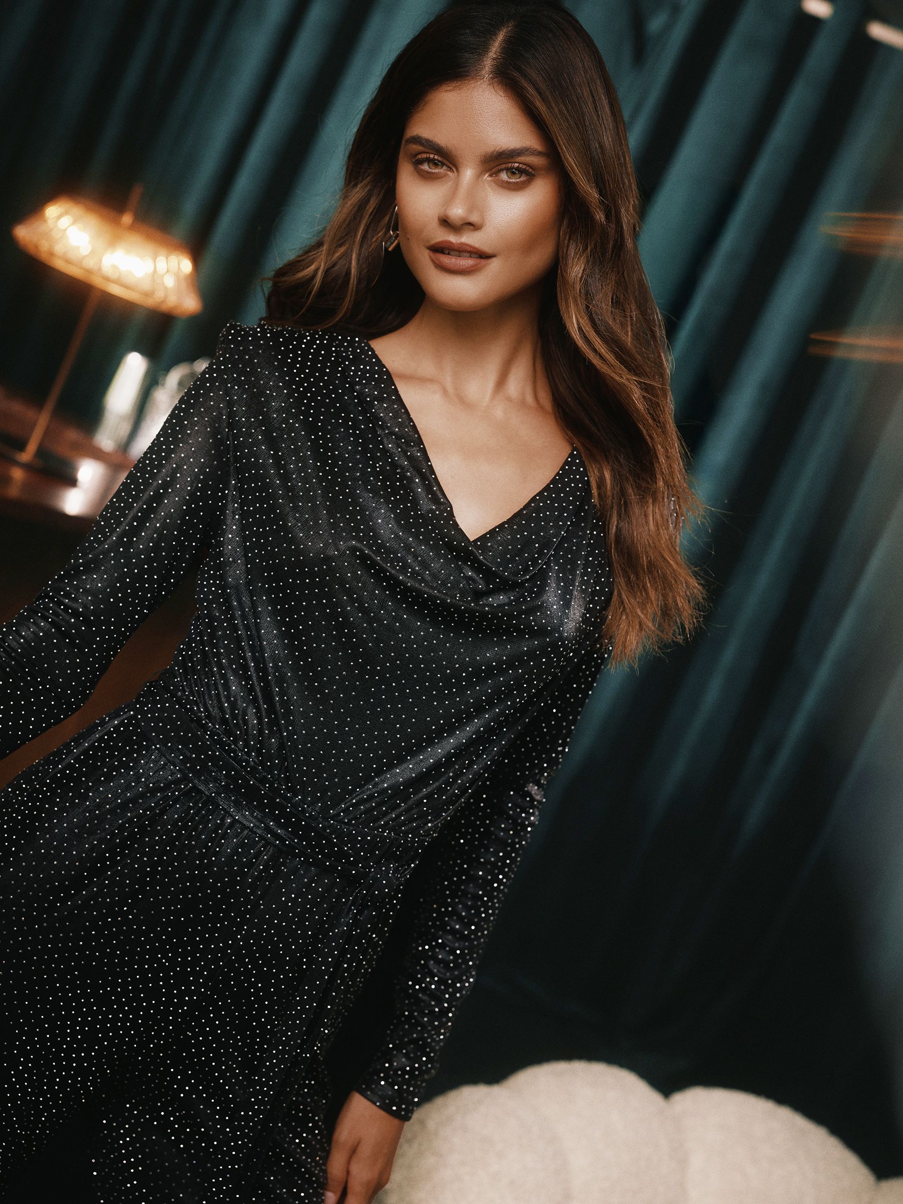 Hotfix Cowl Neck Long Sleeve Black Jumpsuit