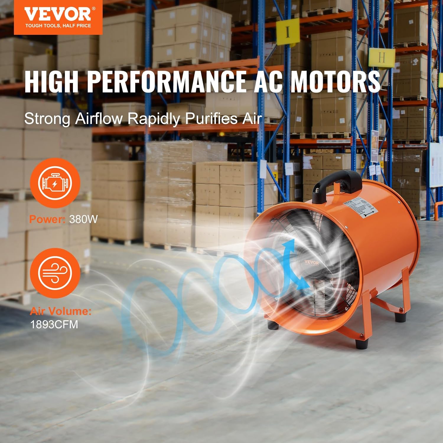 VEVOR Bauventilator 255-W-AC-Motor Baugebläse 2830 U/min Baulüfter Gebläse 1720 CFM (2922 m3/h) Axiallüfter mit 5 m Schlauch Axialgebläse 79 dB Geräuschpegel Industrielüfter
