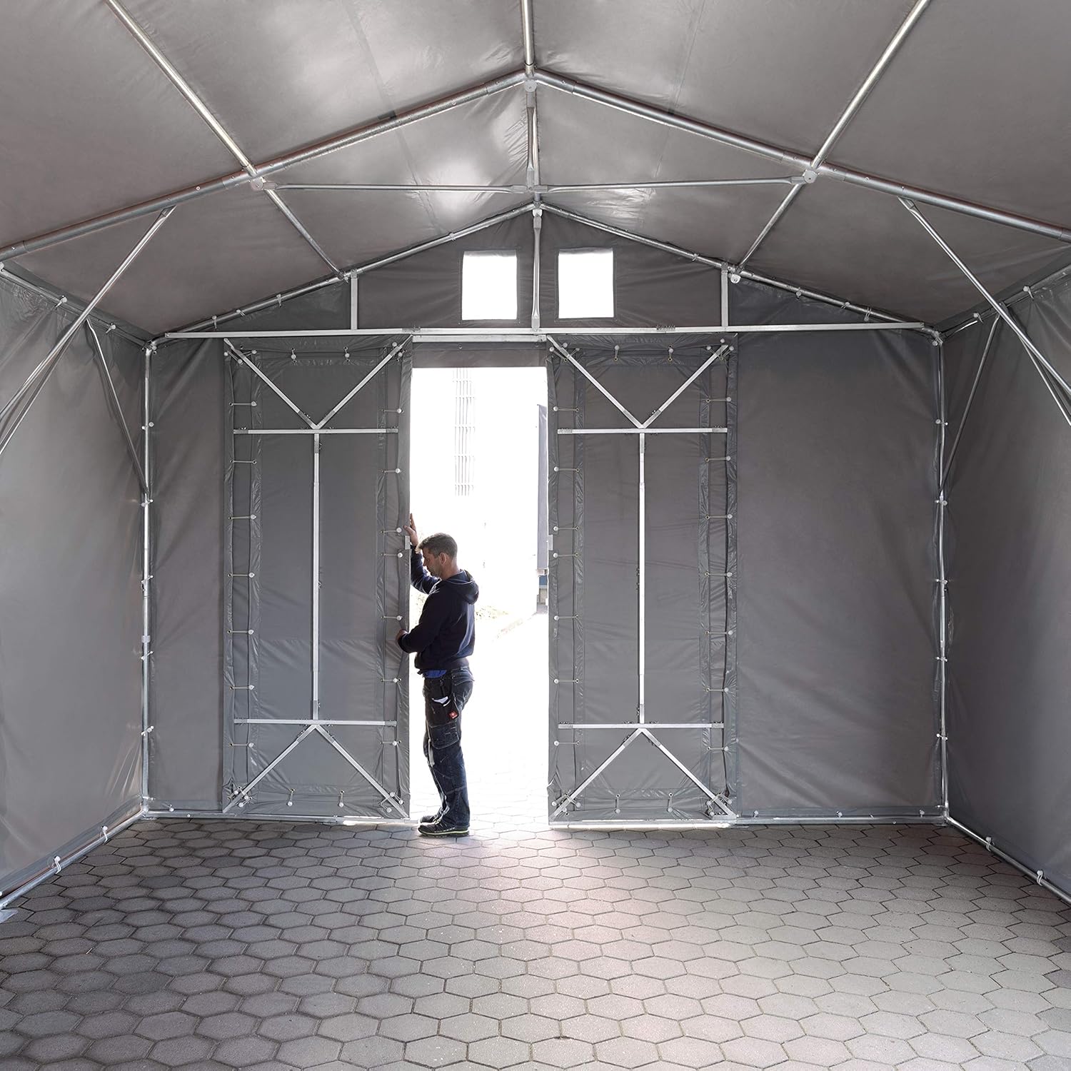 TOOLPORT Lagerzelt Industriezelt 5x8 m Zelthalle mit 3m Seitenhöhe PVC Plane 850 N grau wasserdicht Ganzjahreszelt mit Schiebetor