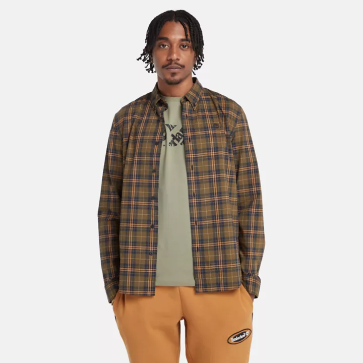 Camisa xadrez de popeline stretch para homem na cor verde.