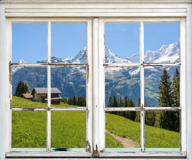 queence Wandsticker »Hütte in den Bergen« Wandsticker, Wandbild, selbstklebend, 3D, Fenster