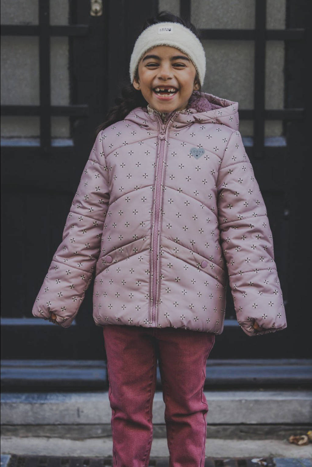 LOOXS gewatteerde winterjas met all over print roze