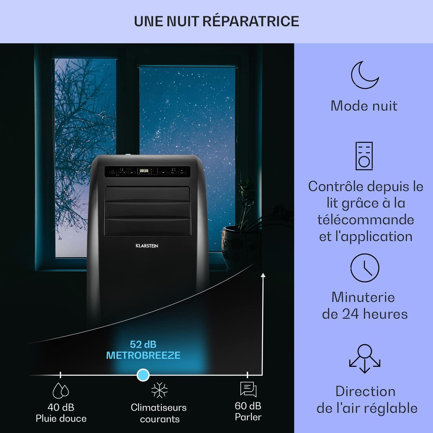 Klarstein Climatiseur Mobile Silencieux, 4 en 1, Mode Nuit, Déshumidificateur, Ventilateur, Mini Climatisation à Faible Conso, Evacuation, Clim Portable, Puissante, 10000 BTU