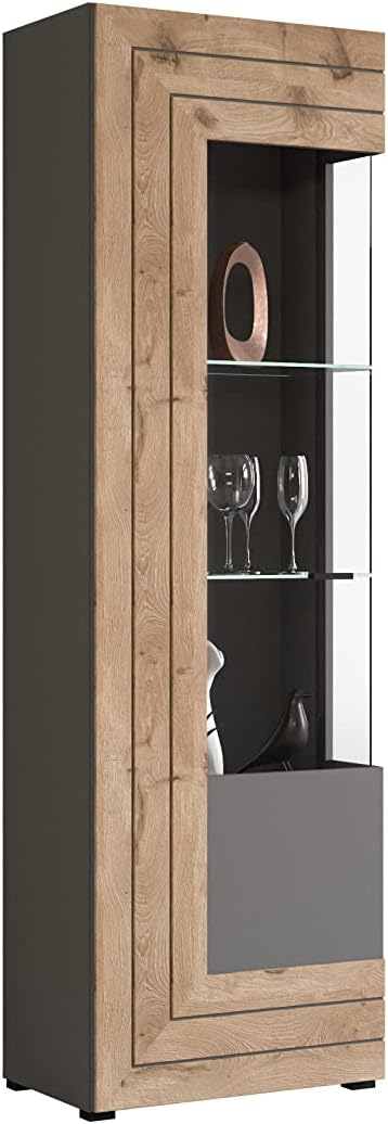 xonox.home Wohnzimmer Freno Vitrine Glas Vitrine Deko-Vitrine Stauraumvitrine in grau Nb.Absetzung Nox Oak Nb.ca.60x194x37 cm