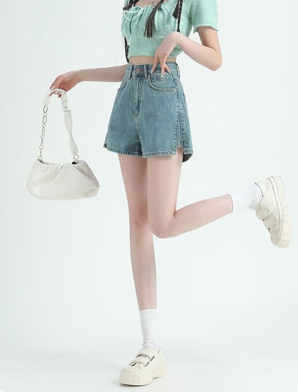 Girliepairs - Hoge taille, gewassen, wijde denim shorts met splitten