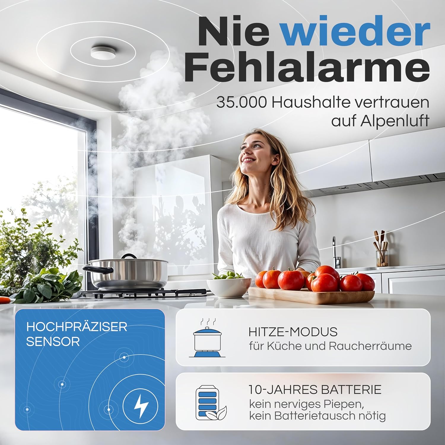 Rauchmelder Funk Vernetzt 10 Jahre Batterie, Rauchwarnmelder & Hitzemelder 2in1, Feuermelder, Brandmelder, Funkrauchmelder Vernetzbar | Ohne Bohren, Ohne LED Blinken 10er Set