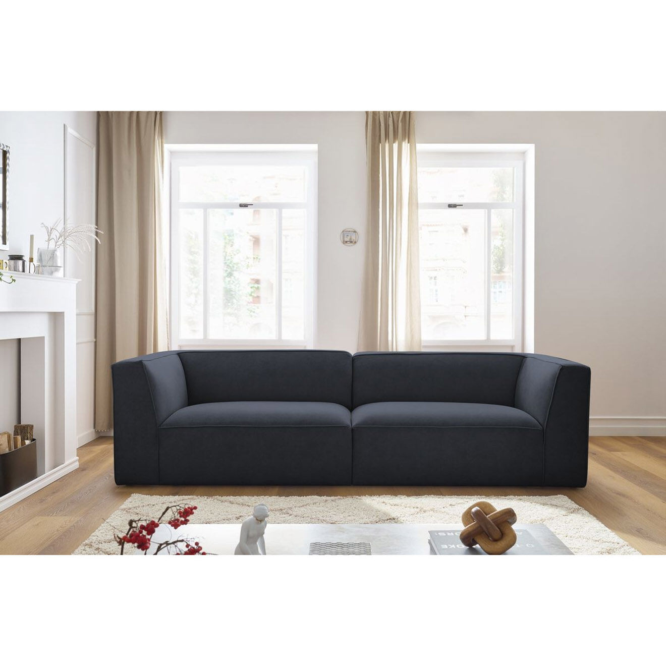 Bobochic Canapé droit fixe 4 places en Velours Molière bleu foncé - 273x99x71 cm