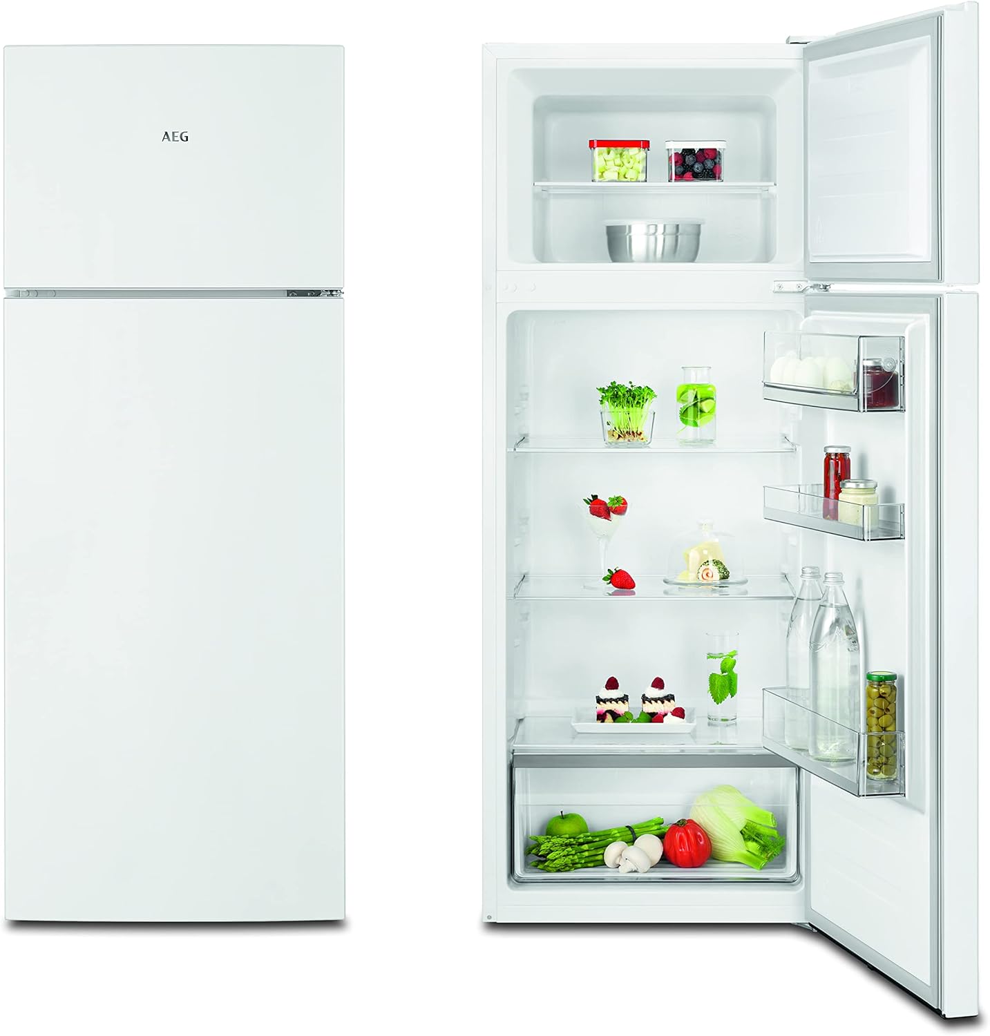AEG RDB424E1AW Freistehender Doppeltür - Kühlautomat / Serie 5000 mit ColdSense / 1434 mm / Gefrierteil oben / 206 L / LowFrost – weniger Eisbildung / Farbe: Weiß / E