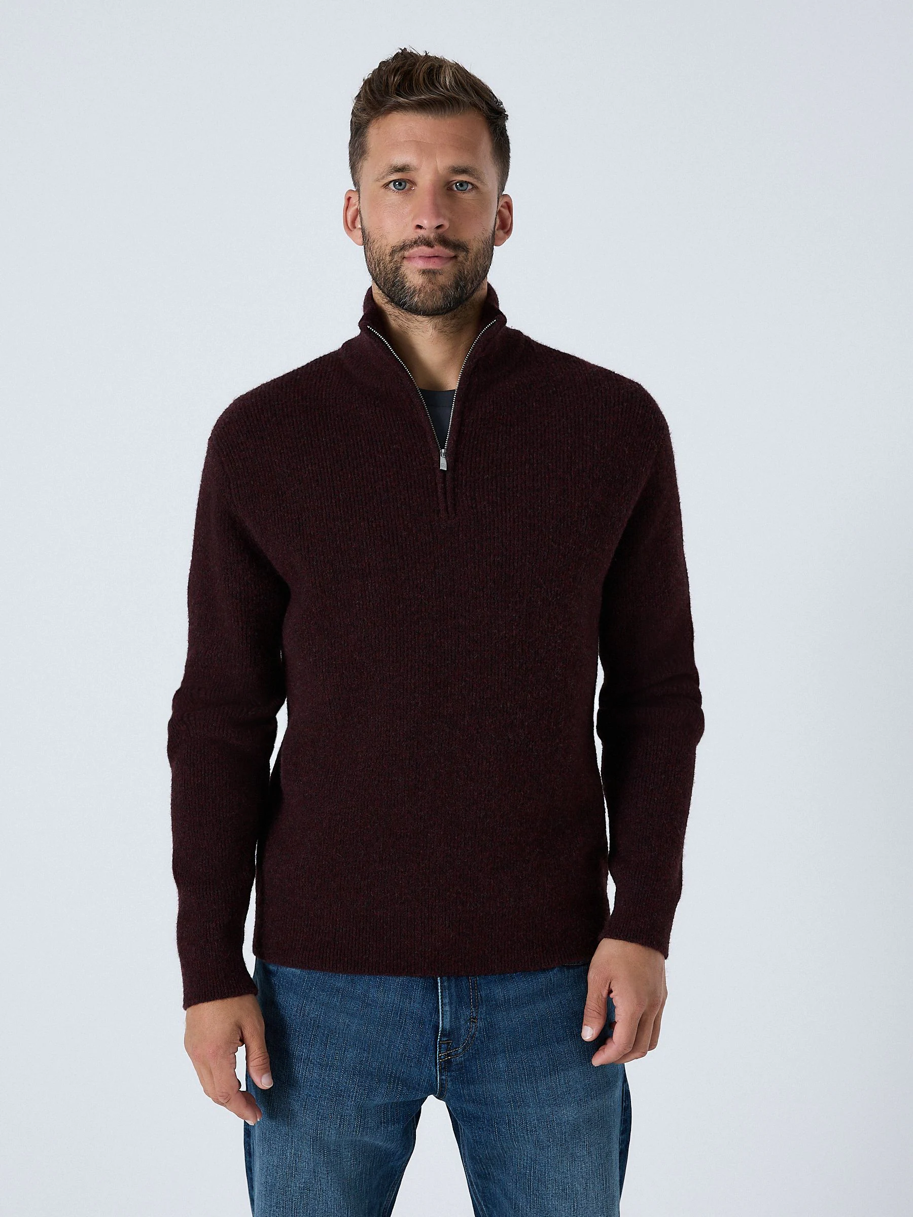 Bordeauxrood - Regular-fit soufflé ribtextuur trui met kwart rits bij de hals en wol