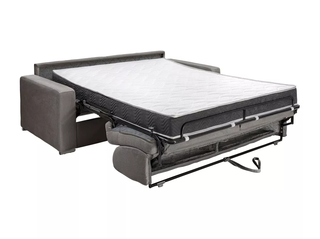 Canapé 2 places convertible express en tissu gris - Couchage lattes larges 120 cm - Matelas 18 cm avec mémoire de forme CALITO