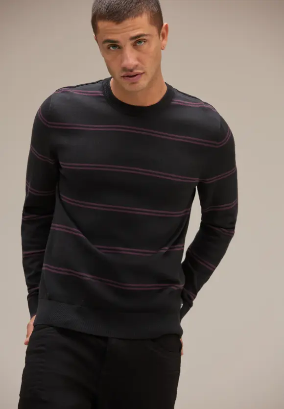 Feinstrick Streifenpullover - Black