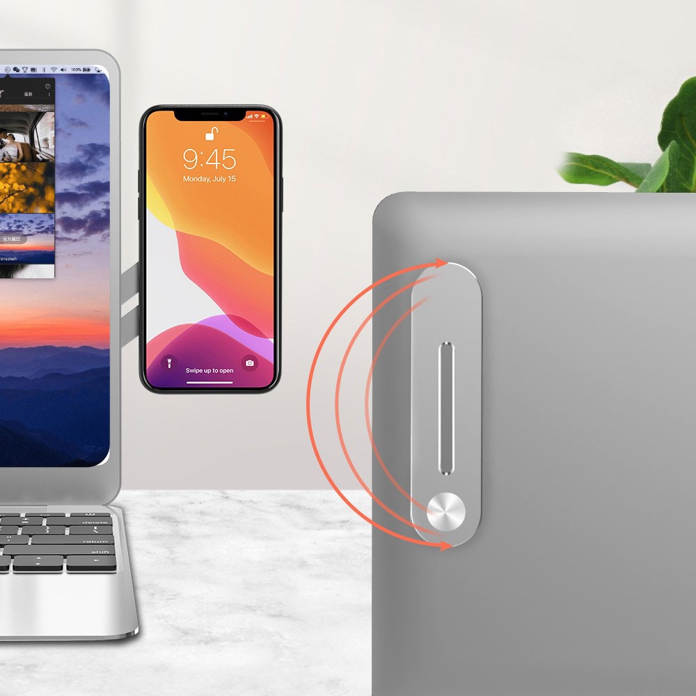 Magnetische Aluminium Laptop Erweiterung Smartphone Halterung mit Klebevorrichtung   2x Metall Magnet Aufsätze - Silber