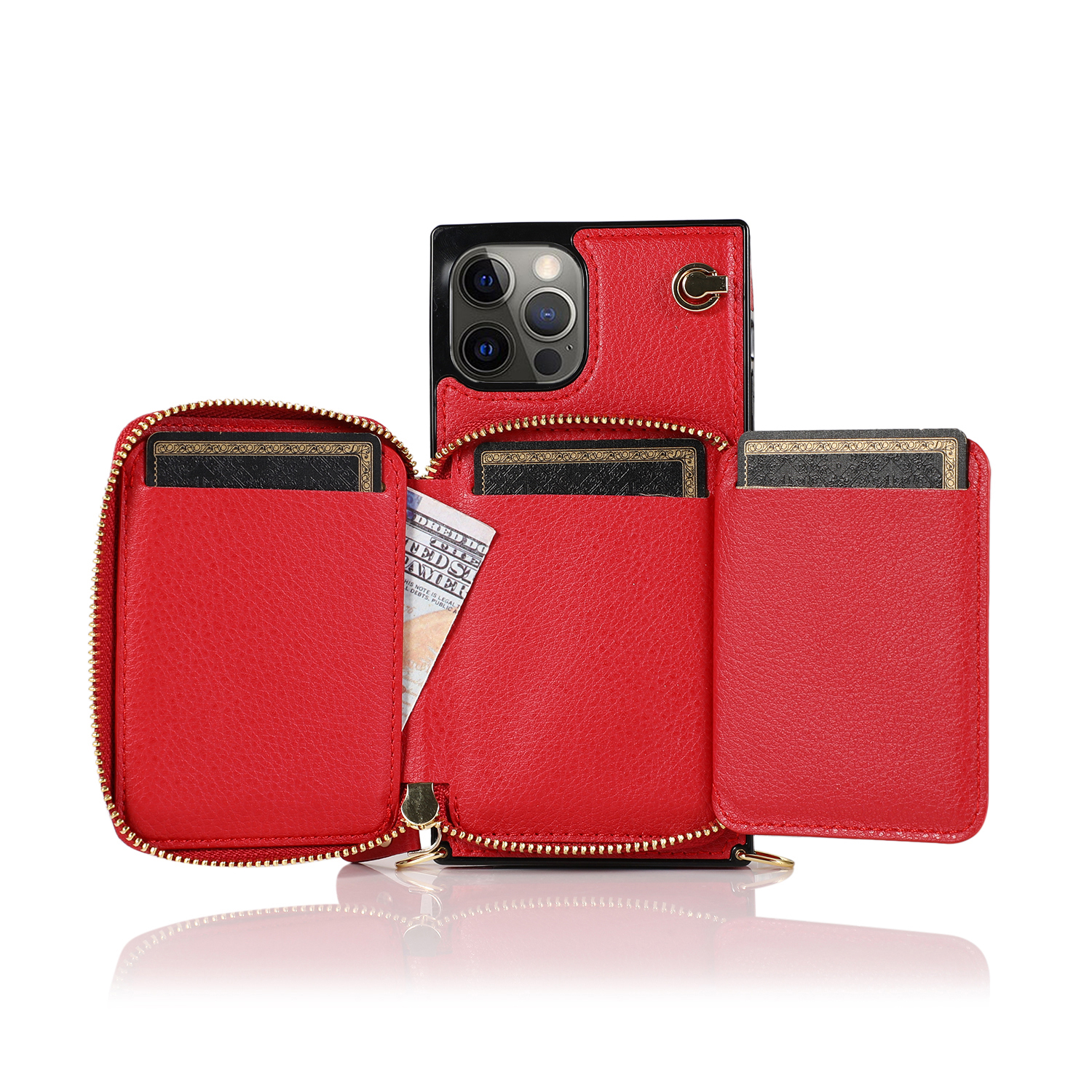 iPhone 13 Pro Necklace Leder Schutz Hülle mit Kartenfächer   Handykette (140cm) - Rot