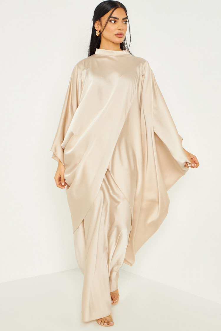 Ensemble 2 pièces tunique + jupe longue satiné beige