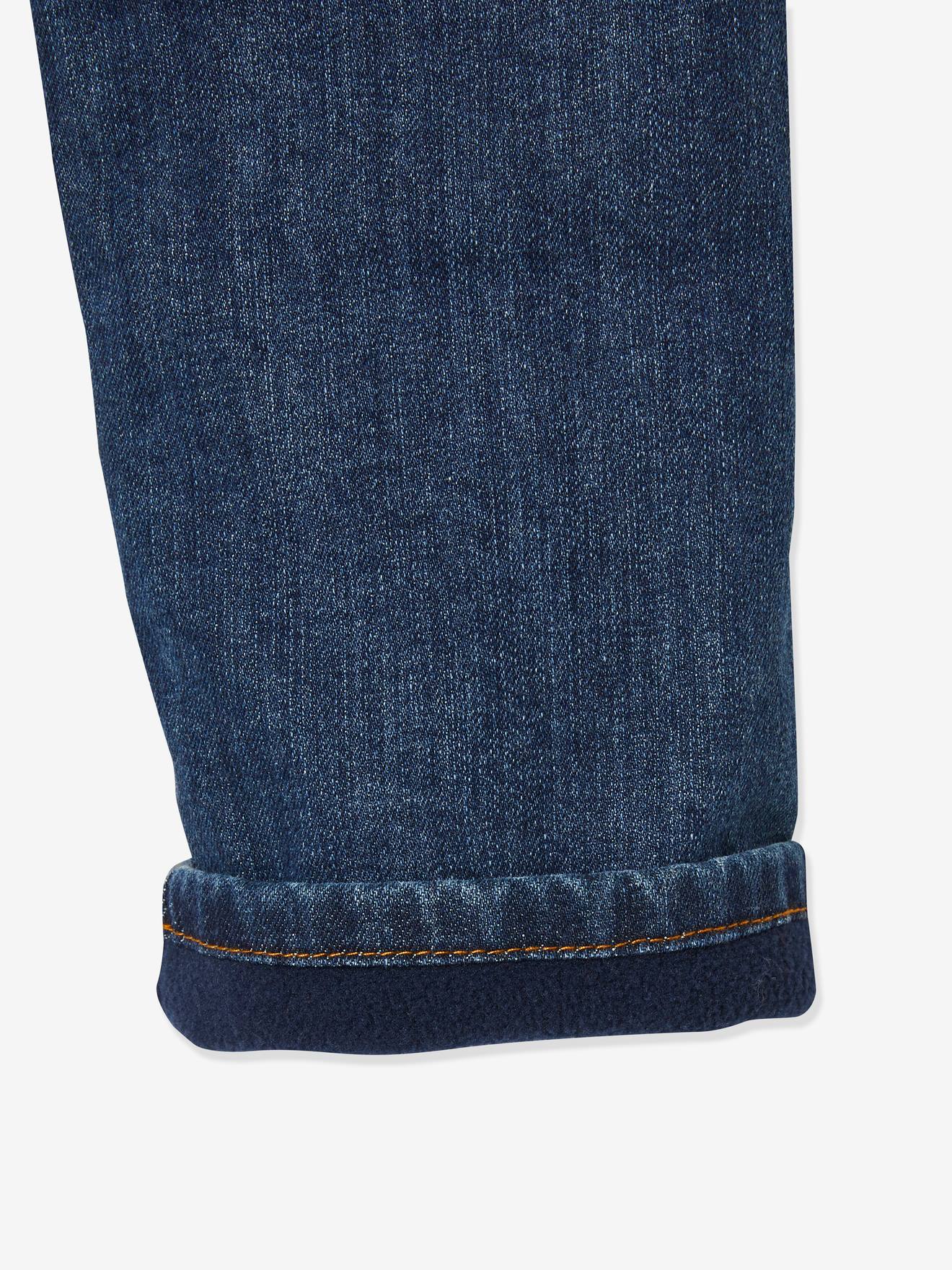 Calça jeans indestrutível de corte reto com forro de lã, para meninos, azul escuro liso