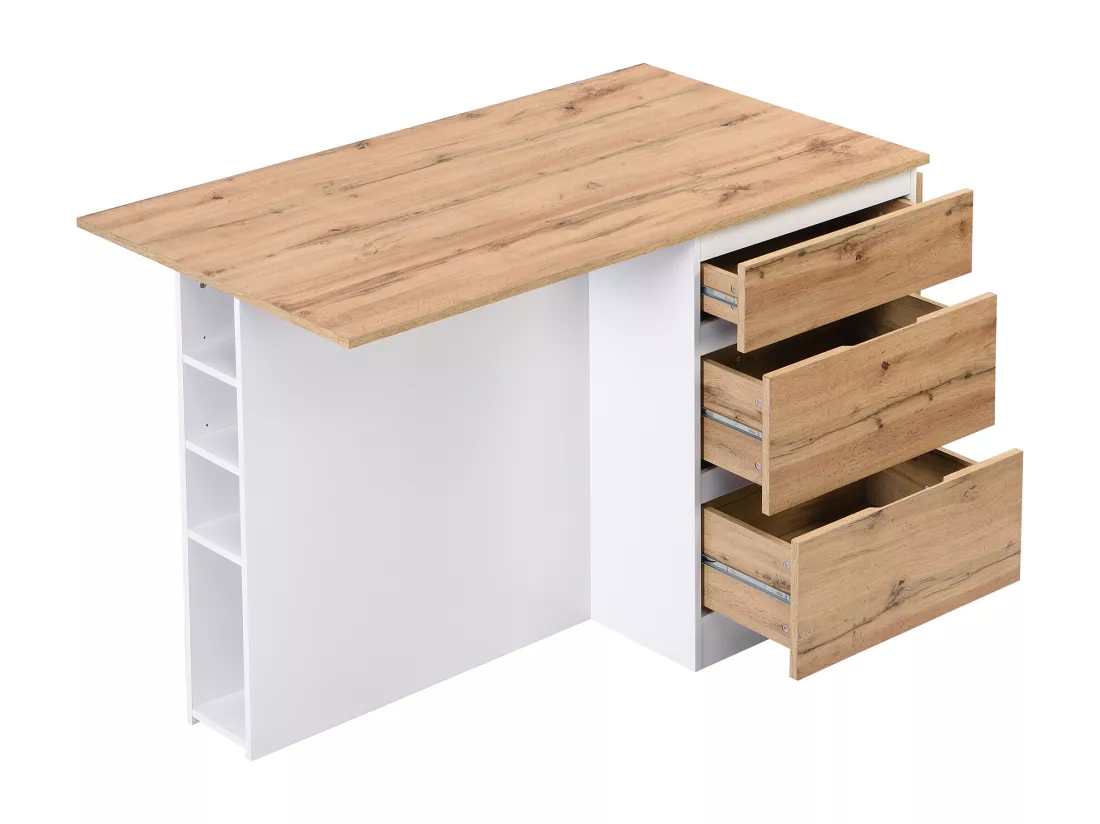 Ilot central de cuisine avec 6 tiroirs et 4 niches en MDF - Naturel clair et Blanc - POMARELA
