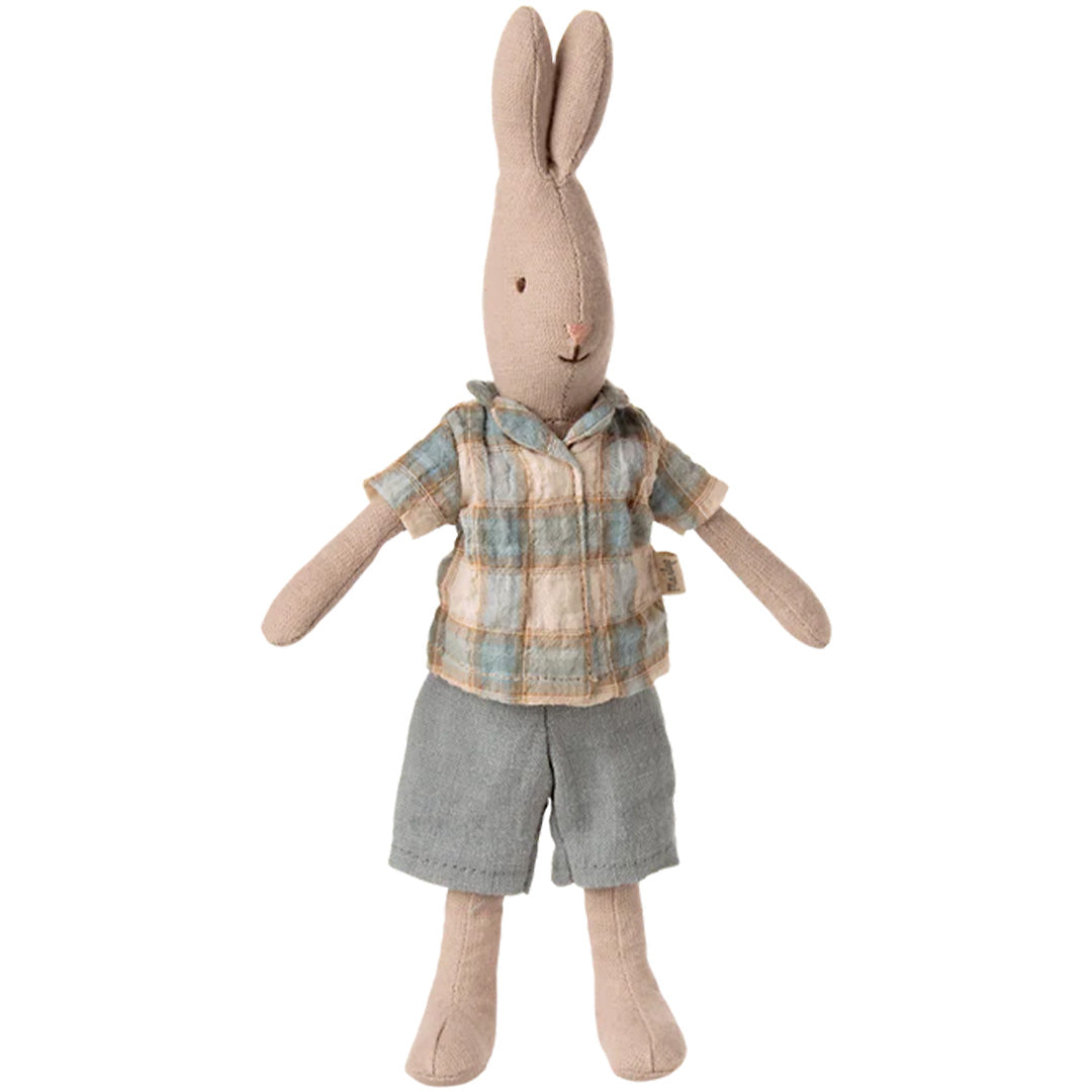 maileg knuffelkonijn met geruit shirt en denim broek - maat 1 - 24 cm