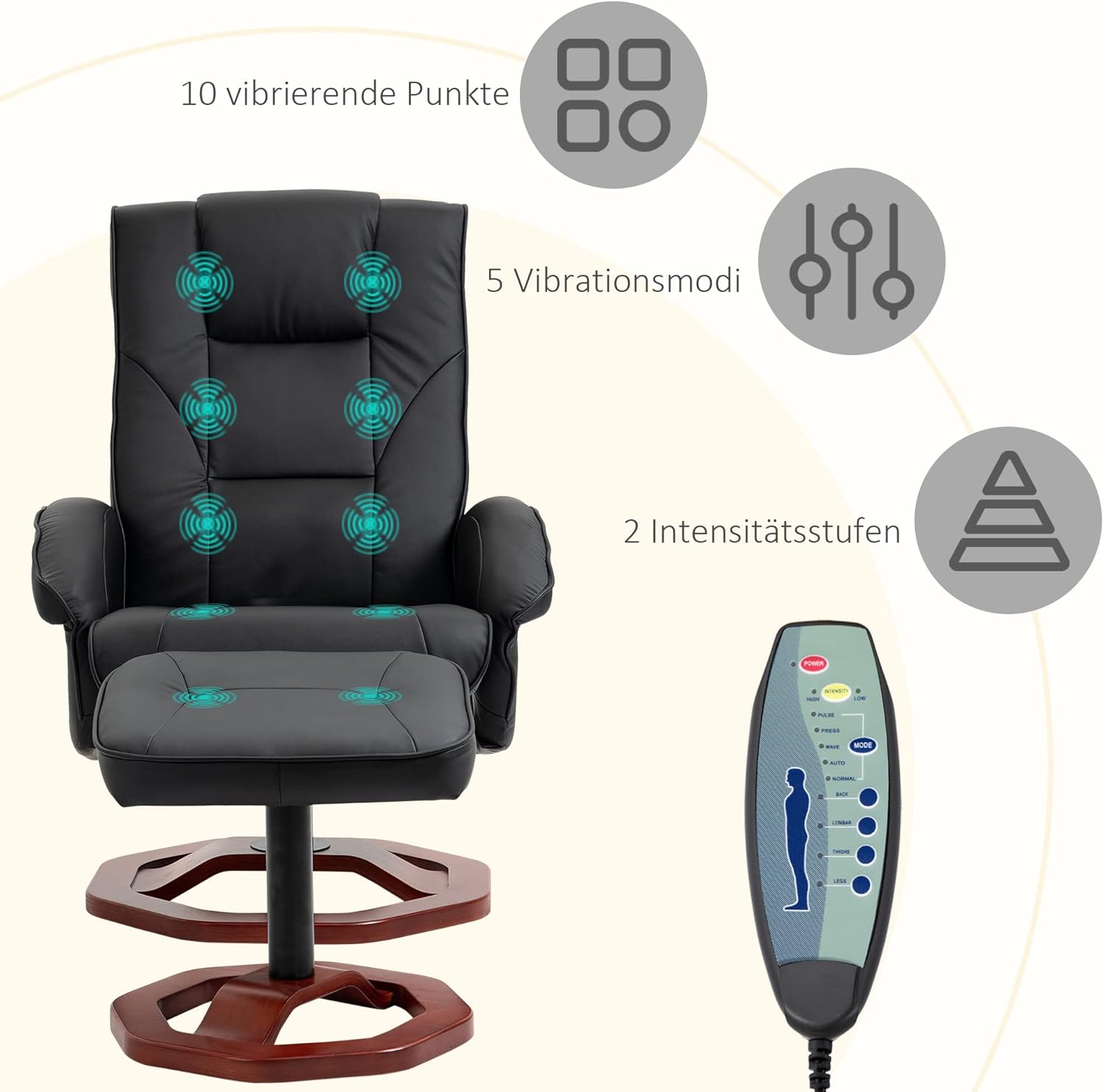 HOMCOM Sill&oacute;n de masaje con reposapi&eacute;s, funci&oacute;n de descanso, funci&oacute;n de descanso, sill&oacute;n reclinable con funci&oacute;n de masaje, giratorio 360&deg;, piel sint&eacute;tica, acero negro+marr&oacute;n, 73 x 83 x 106 c