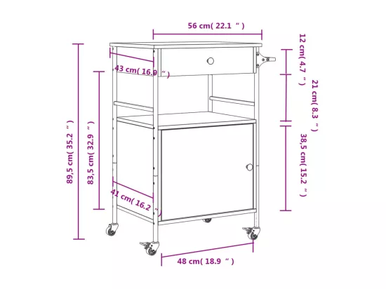Chariot de cuisine chêne fumé 56x43x89,5 cm bois d'ingénierie