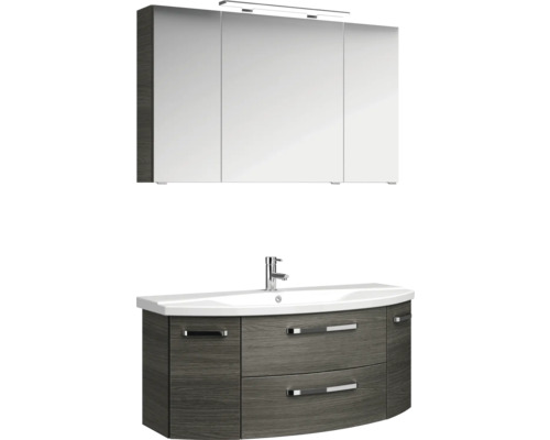 Badkamermeubelset Pelipal Serie 4010, afmetingen (B x H x D): 120,5 x 200 x 48 cm, fronten in grafietstructuur, 4-delige badkamermeubelset inclusief witte keramische wastafel, keramische badmeubel en spiegelkast met LED-verlichting.