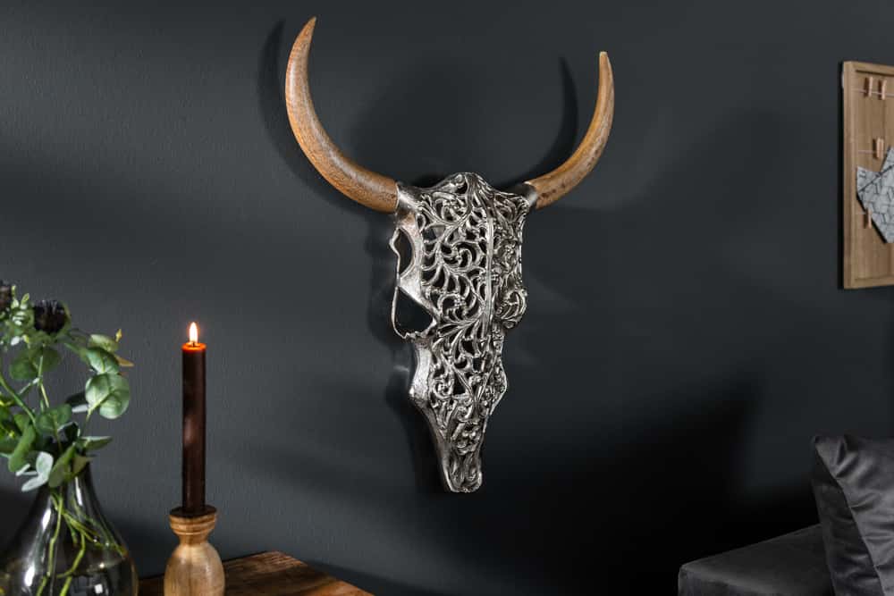 Extravagante Wanddekoration EXOTIC BULL 60cm silber Mangoholz Stierkopf