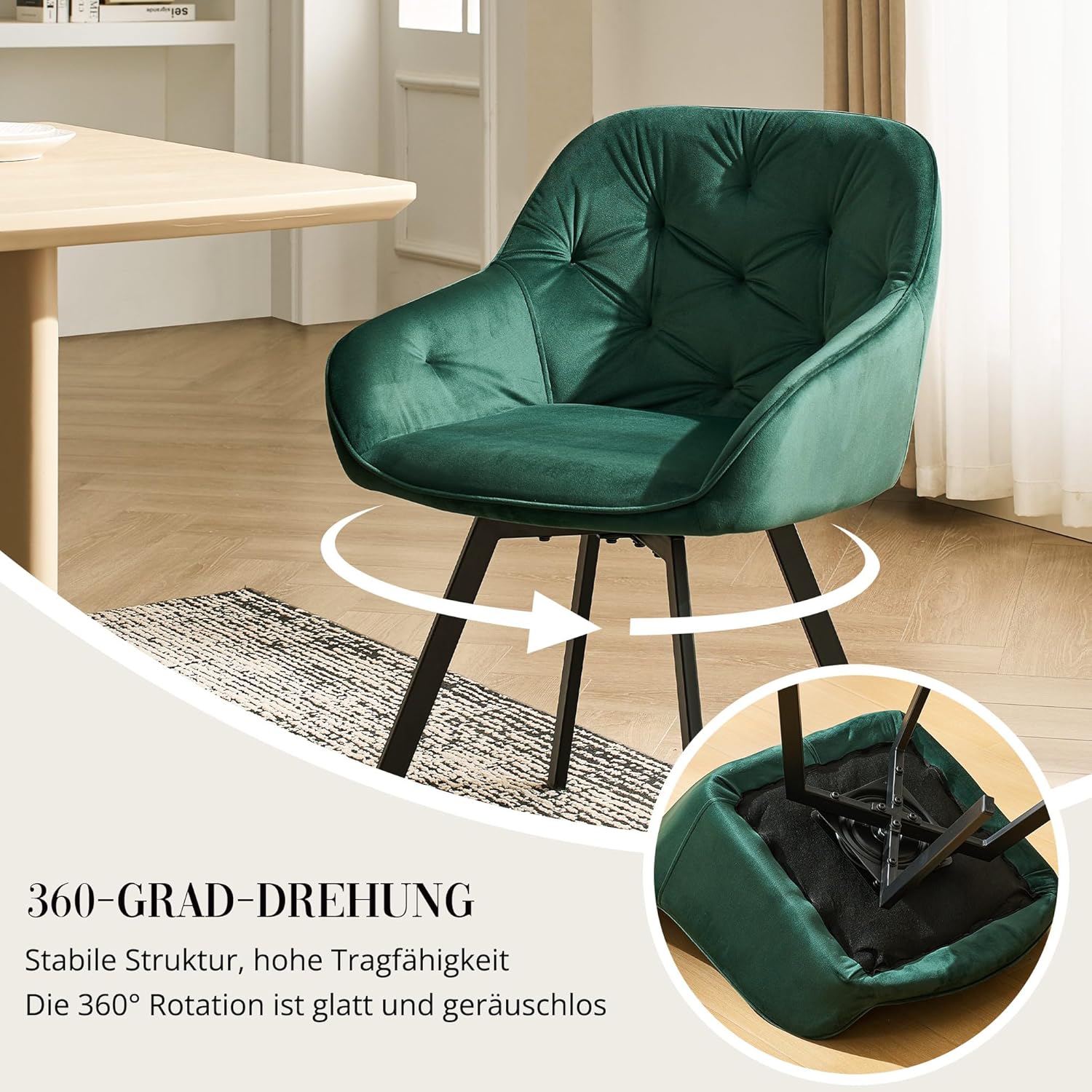 CLIPOP Samt Esszimmerstühle Drehbar 2er Set,Gepolstert Sessel Küchenstuhl mit Armlehne Freizeit Polsterstuhl Bequem Sitz Drehstuhl für Esszimmer Wohnzimmer Esszimmer, (2er Set, Grün)