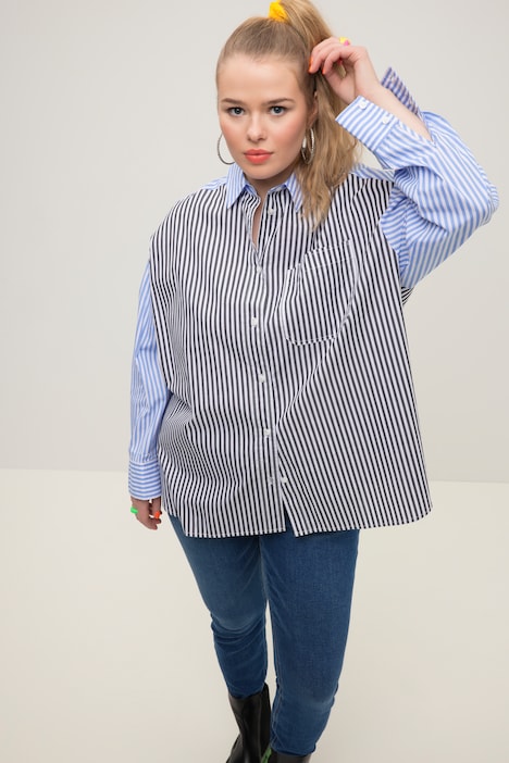 Hemdbluse, oversized, Patch Look, Hemdkragen, Langarm, Streifen