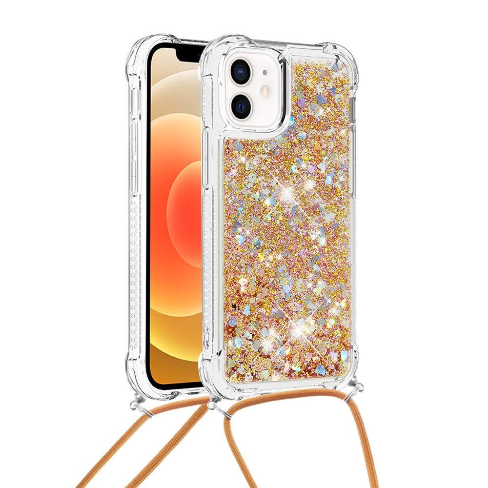 iPhone 12 / iPhone 12 Pro Necklace Gummi Hülle Liquid Glitzer   Handykette (130cm) - Braun / Gold
