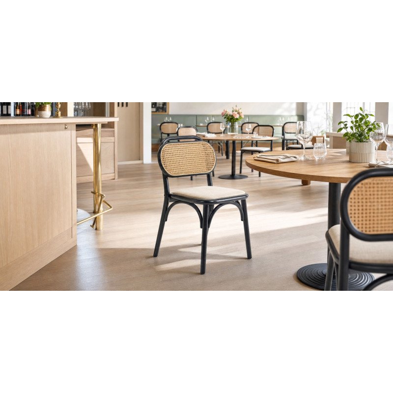 Chaise Doriane en bois d'orme massif finition laqué noir et siège en tissu