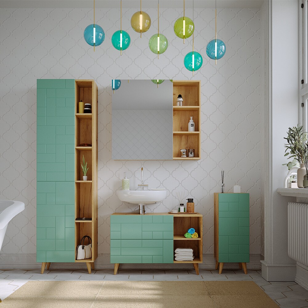Vicco Badmöbel-Set Rudi in Eiche Evoke Mintgrün, Badezimmer, moderne Badserie Waschbeckenunterschrank Spiegelschrank Hochschrank Midischrank