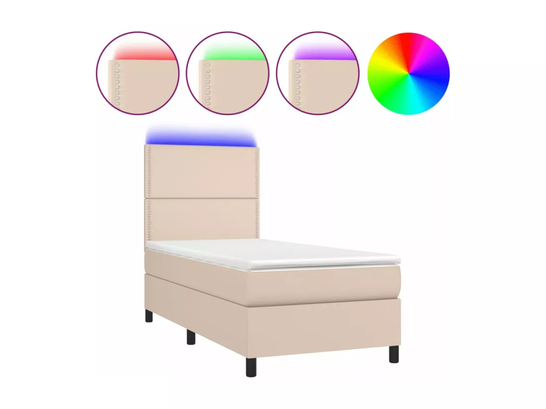 Sommier tapissier matelas et LED Cappuccino 90x200cm Similicuir