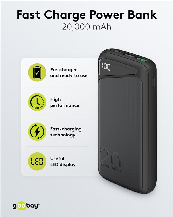 20000mAh Dual USB A Powerbank Ladegerät   LED Anzeige (53939) - Schwarz