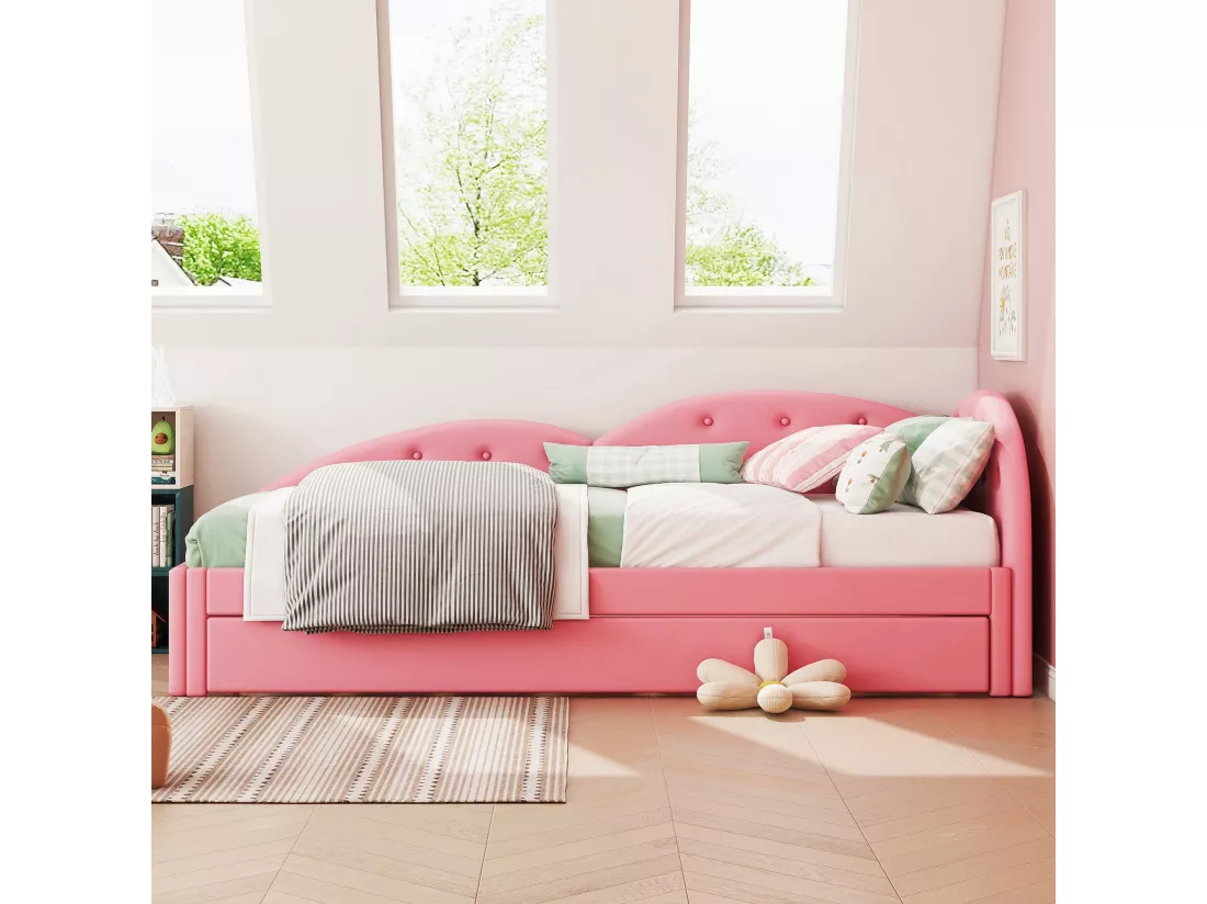 Lit banquette 90x200cm en similicuir + lit gigogne 80x190cm - Rose