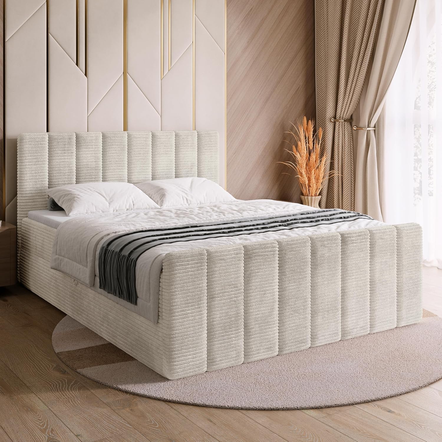 BROMARKT Boxspringbett mit Matratze Bett 140x200 Vanille Doppelbett mit Topper Boxbett mit Stauraum Polsterbett mit Bettkasten Kopfteil Denver Duo Härtegrad H3 Cordstoff