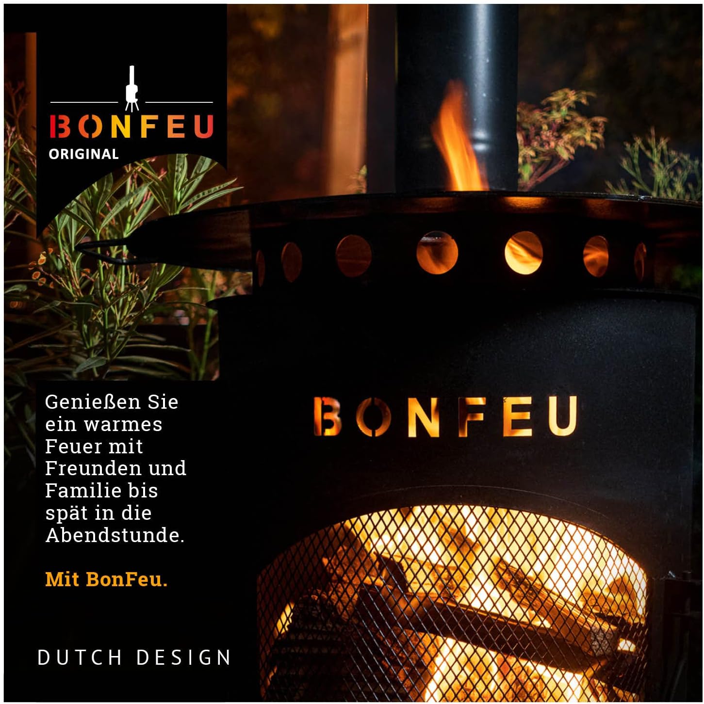 BonFeu Bongiano SP Schwarz - Terrassenofen - Feuerstelle mit Funkenschutz für entspannte Abende - Feuersäule Outdoor - Terrassenkamin mit Grillrost - Gartenofen aus hochwertigem Stahl - 30x30x142cm
