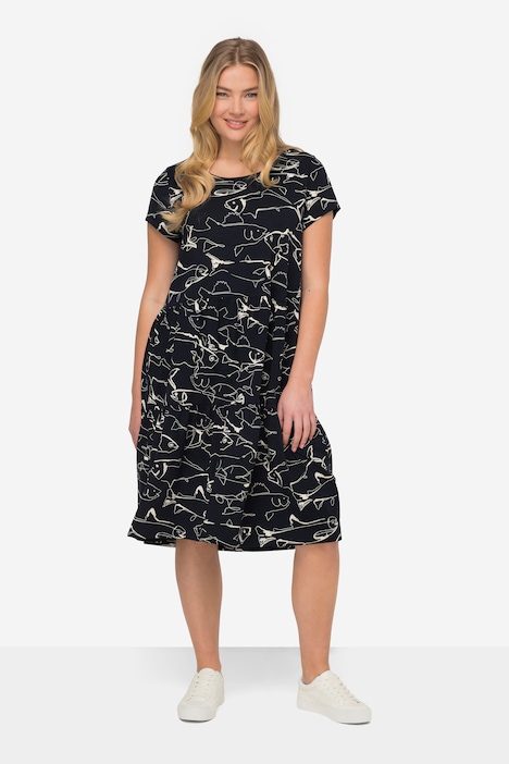 Jerseykleid, A-Line, Fische-Print, Rundhals, Volants, Halbarm