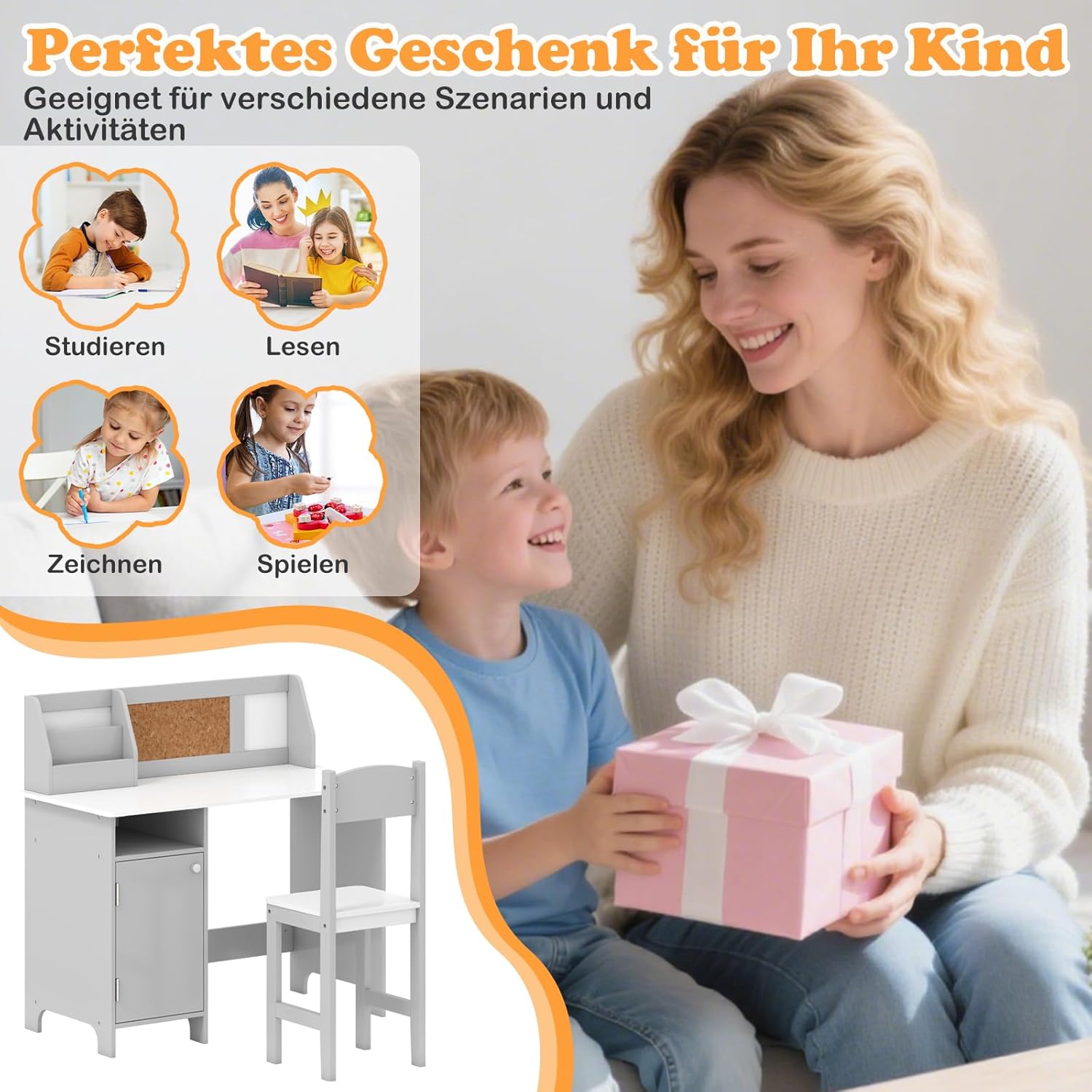 COSTWAY Kinderschreibtisch Set, Schreibtisch Kinder mit Stuhl aus Holz, Schülerschreibtisch mit Bücherregal, Schrank & Pinnwand, Jugendschreibtisch für Kinder ab 3 Jahren (Mit Pinnwand,Grau)