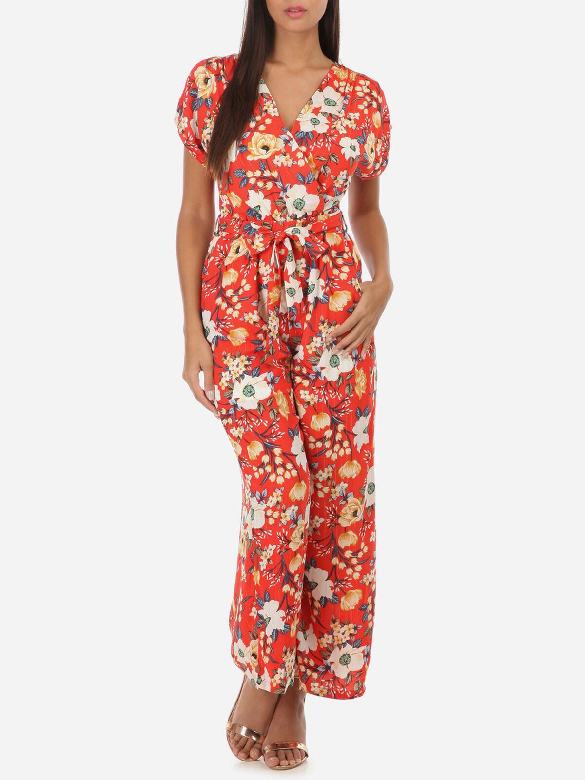 Combinaison fluide motif fleuri manches courtes- Rouge
