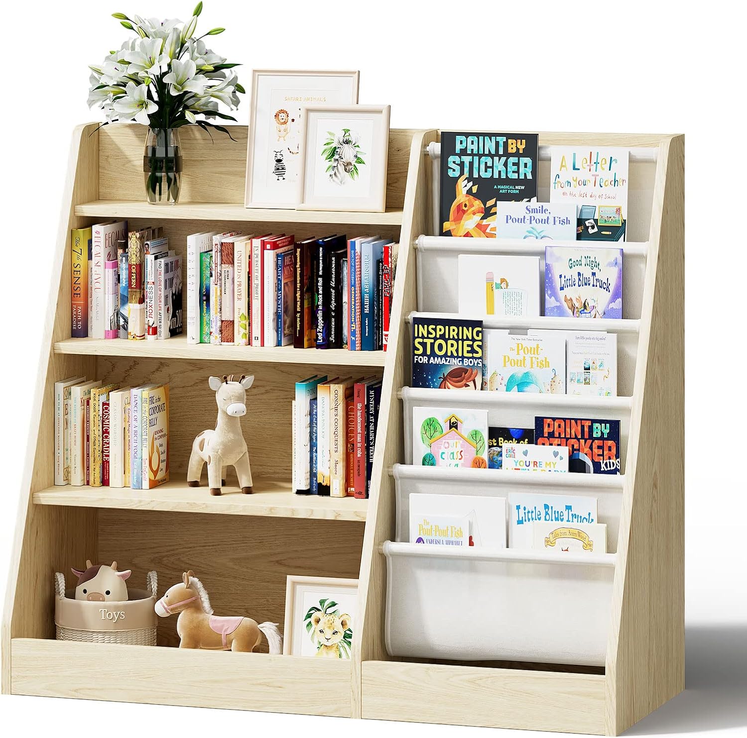 Kinderregal Bücherregal für Kinder 90x40x80cm, mit 5 Ablage und 4 offenen Fächern, Holz, Spielzeugregal, Spielzeug-Organizer für Kinderzimmer, Natur