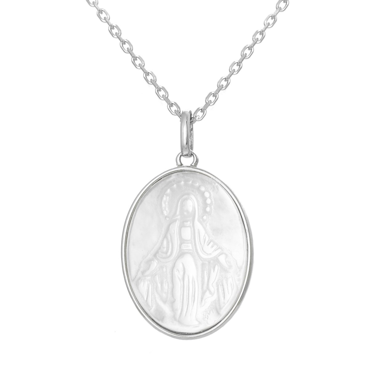 Collier Vierge Marie médaille ovale de nacre Argent 925 Rhodié