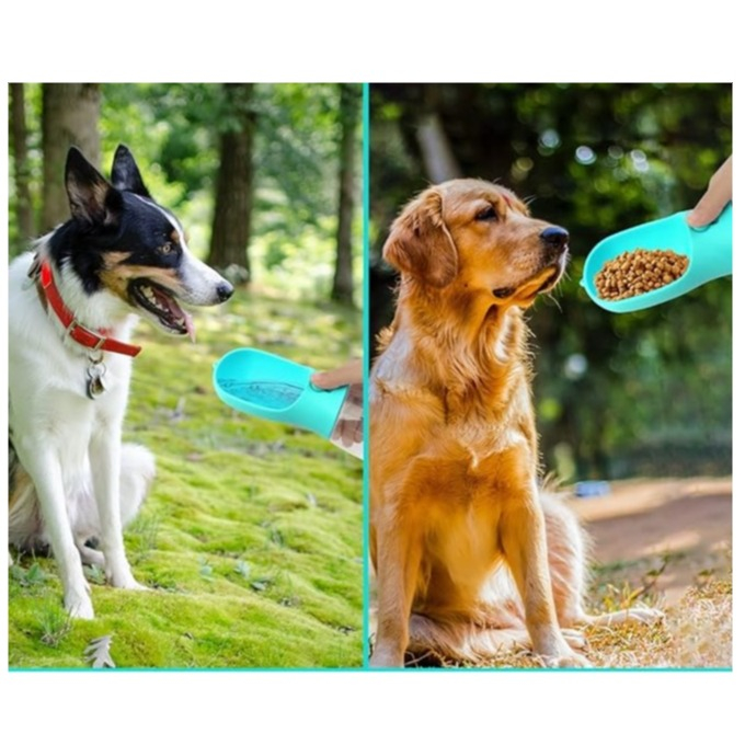 (300ml) 3in1 Portable Haustier Trinkflasche Hunde Leckerli Behälter Wasser / Futter / Kotbeutel Spender - Blau