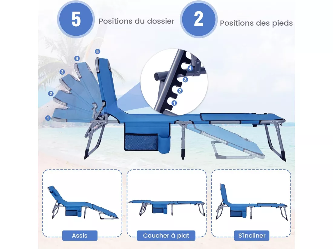 Bain de Soleil en Aluminium avec Dossier Réglable, Chaise Longue Pliante avec Oreiller Amovible et Trou pour Le Visage, Transat avec Poche Latérale, pour Jardin, Plage, Charge 180 KG (Bleu)