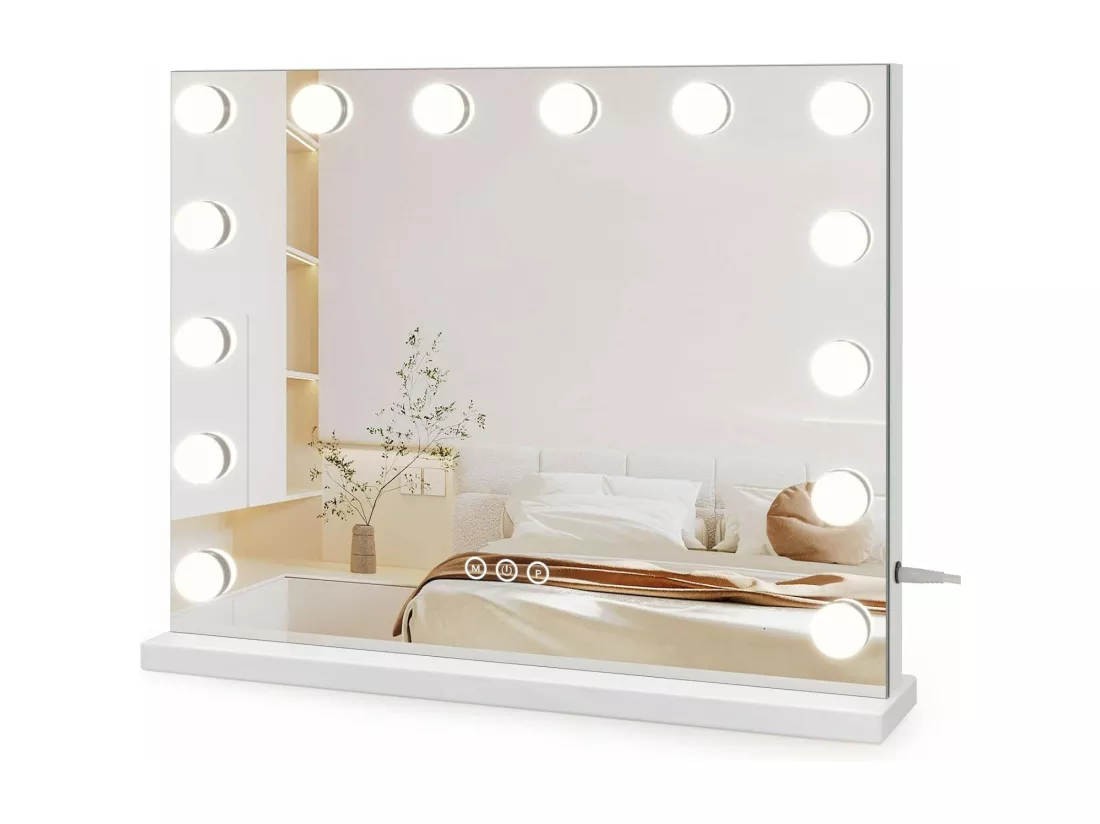 Miroir Maquillage Lumineux,Miroir LED 14 Lumières Miroir Hollywood Miroir Coiffeuse Contrôle Tactile Miroir Lumineux 3 Modes Luminosité Réglable 50x42cm - Blanc