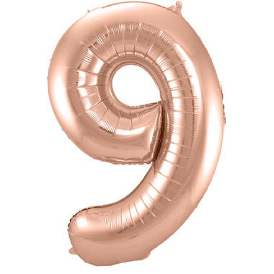 Cijferballon negen - rosé goudkleurig - 86 cm