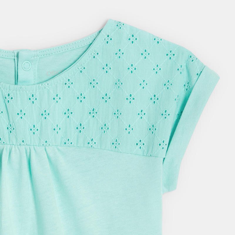 T-shirt bi-matière broderie anglaise bleu bébé fille Bleu