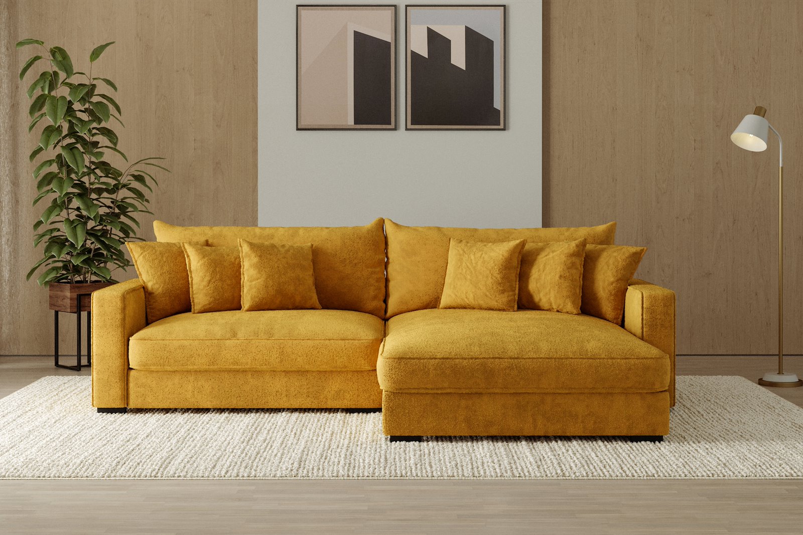 Rossi Lux 2-seter med XL sjeselong høyre Tekstil Genesis 10 Golden Yellow, arm B med sorte ben. Lux Komfort.