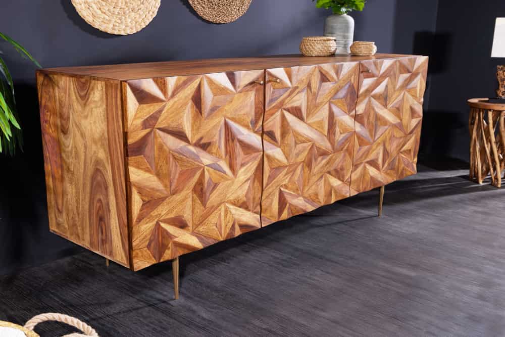Massivholz Sideboard ALPINE 145cm braun Sheesham stone finish Metall matt gold