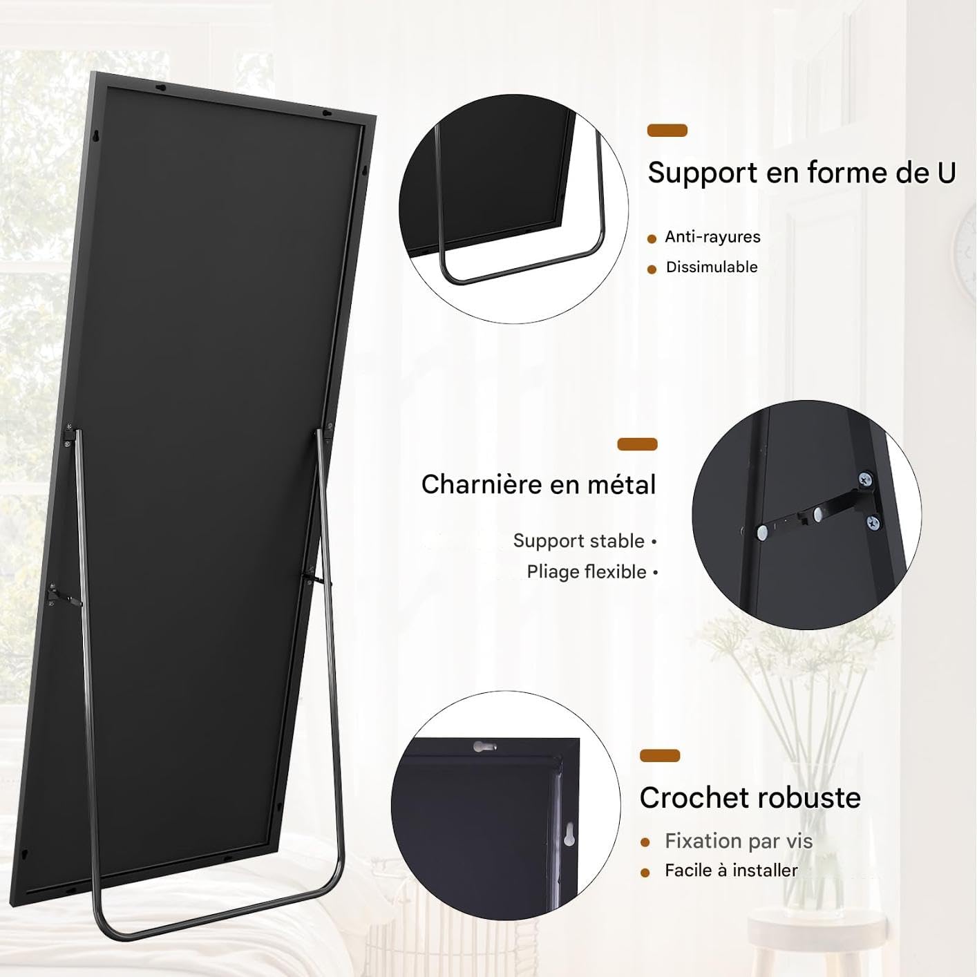 Koonmi 171 x 76 cm Standspiegel, robust Ganzkörperspiegel mit minimalistische schmaler Aluminiumrahmen, modern großer Wandspiegel stehend oder hängend für Wohnzimmer und Schlafzimmer, Schwarz